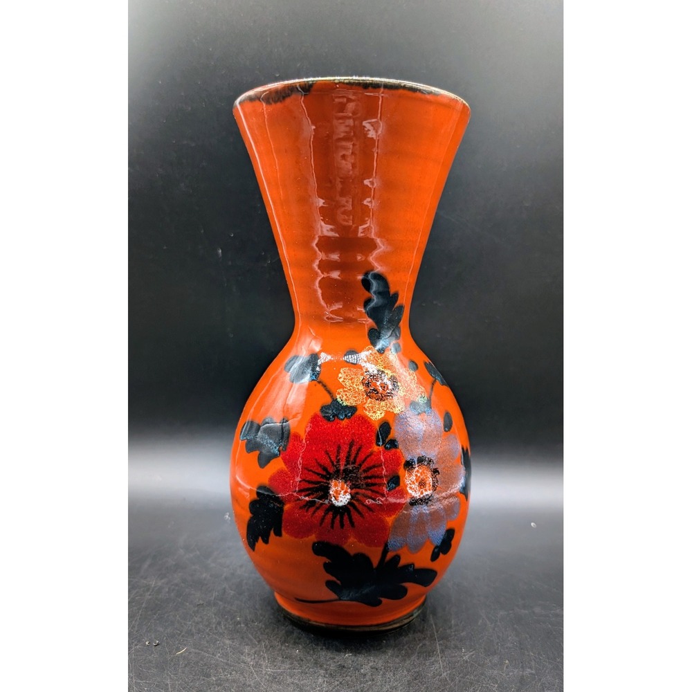Vintage Italian Pottery Orange Floral Vase Mid Century Modern Hand Painted 9 75"